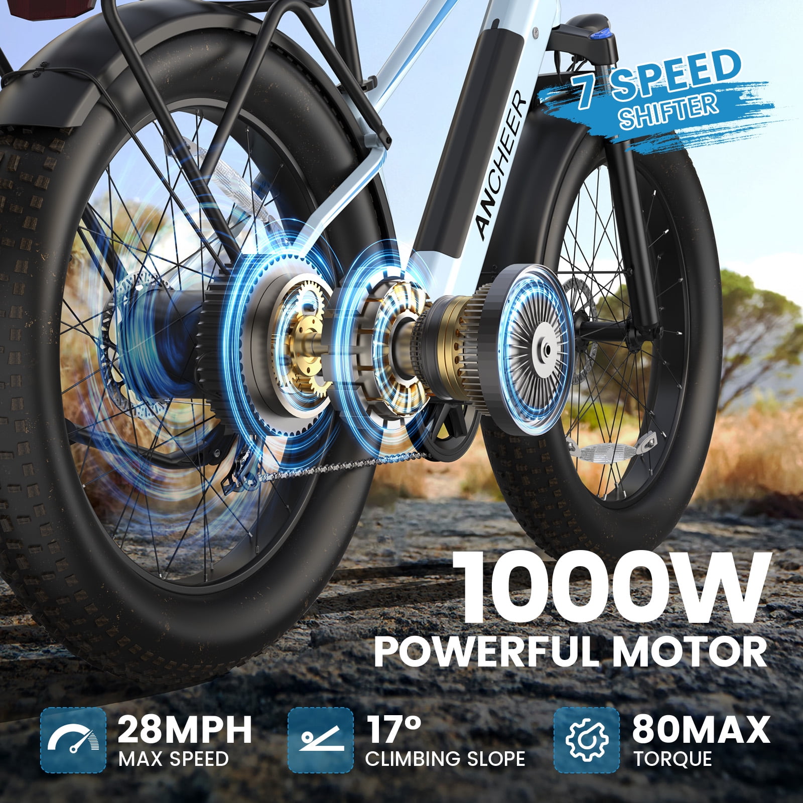 ANCHEER Electric Bike for Adults Peak 1000W Electric Bicycle 48V 15AH Battery Electric Bike 26" x 4.0" Fat Tire Mountain 28MPH 7 Speed Gears Electric Bike, Rear Rack,UL2849