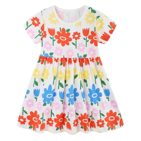 Ulanda Toddler Girls Dress Cotton Casual Short Sleeve Striped Jersey Dresses Summer Cartoon Dinosaurs Appliques Shirt 2-7Y (White,6-7 Years)