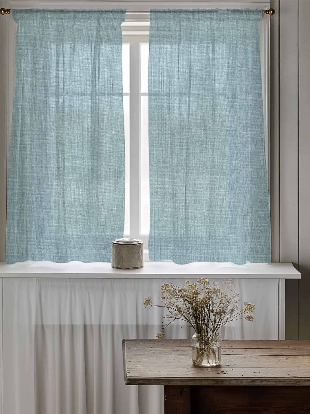 Vintage Haze Blue Curtains 45 Inch Length,Sheer Curtains for Bedroom Living Room Window Farmhouse Retro Solid Color Linen Texture Voile Drapes Kitchen Curtains Small Half Window 52"x45" 2 Panels