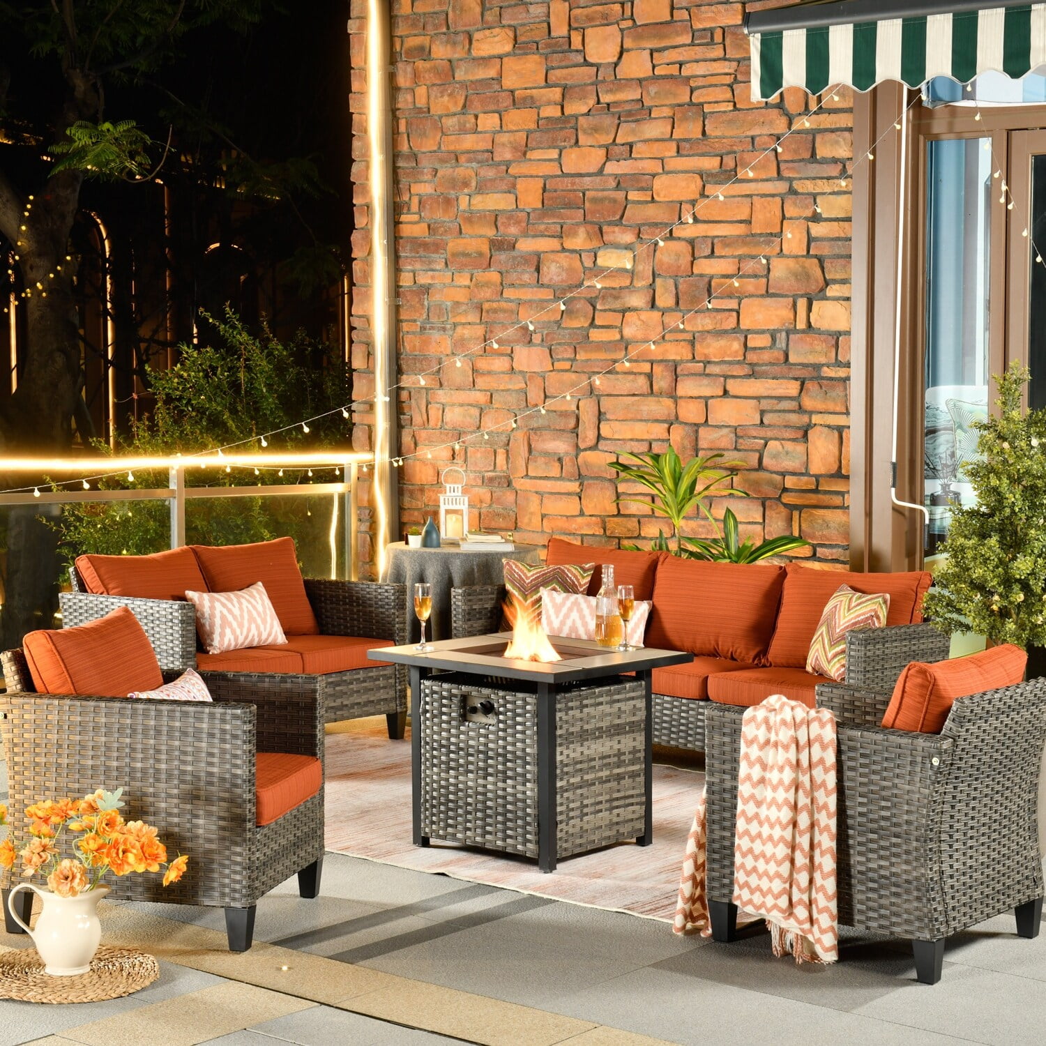 OVIOS 5piece Loveseat Patio Furniture Outdoor Wicker Set with Fire Pit