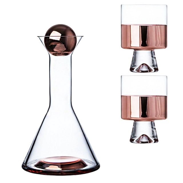 jarra de cristal de , para cabecera, de agua, vaso para beber de 1,5 l para brunch, , cerveza, zumo y + 2 copas Color oro rosa: jarra de vidrio 1.5L con cuerpo cónico, cuello alargado y tapa esférica decorativa; incluye 2 copas con base cónica y acabado translúcido oro rosa. Diseñado para servir agua, jugos y bebidas en mesa de estilo nórdico; a menudo usado también como decantador decorativo.