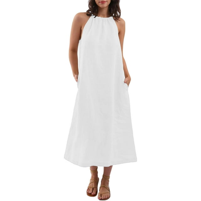 Kaemgyyd Robes à Col Licou pour Femmes Été Sans Manches Robe d'Été Décontractée Plage Vacances Fluide Boho Robe Midi avec Poches