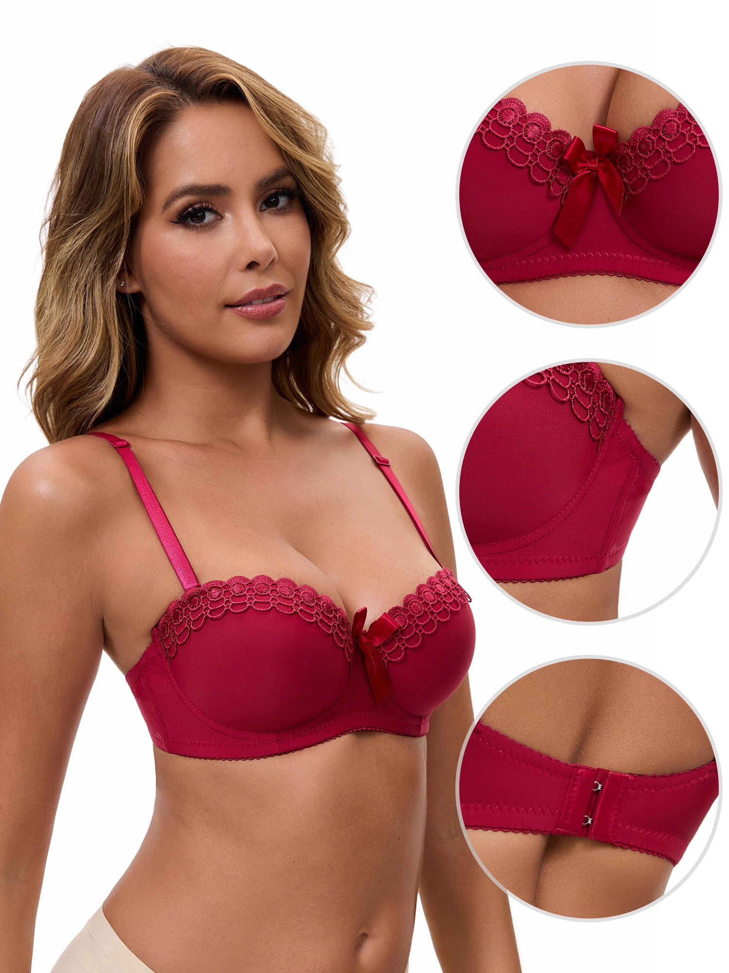 DARING DIVA Women's Soft Convertible Half Cup Underwire Push Up Bow Lingerie S Red