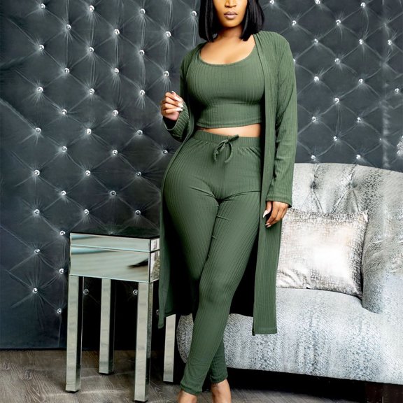 Idoravan Women Sets Clothing Clearance Womens Solid Color Sexy Round Neck Loose Stretch Tops Blouse Tank Top Pants Three Piece Set