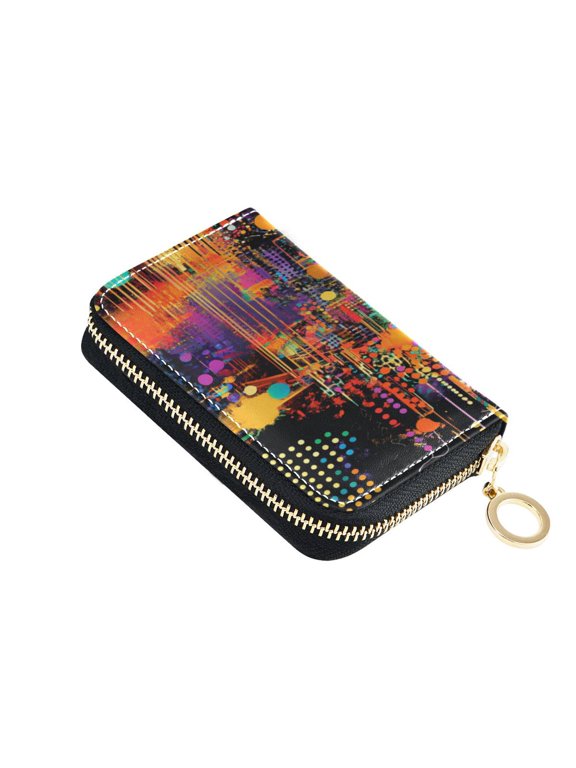 PU Leather Zip Card Holder Women's Card Case Zipper Card Case Compact & Lightweight Data Streams Pattern