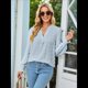 thumbnail image 5 of Blusa de Lunares con Cuello en V y Mangas con Volantes para Mujer, Blusas Holgadas Informales de Color Liso para Trabajar Azul L, 5 of 9