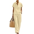 thumbnail image 2 of Linen Sets for Women 2 Piece Summer Casual Short Sleeve V Neck Button down Shirts Matching Loose Wide Leg Pants, M, 2 of 8