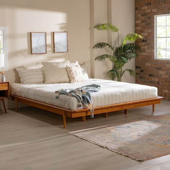 Walker Edison Mid Century Modern Wood Platform King Bed, Caramel