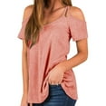 thumbnail image 2 of Women's Summer Short Sleeves Tops Cold Shoulder V Neck Shirts Polyester Casual Hollow-out Strappy Plain Tees (Large, Pink), 2 of 7