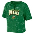 thumbnail image 2 of Women's WEAR by Erin Andrews Green Oregon Ducks Bleach Wash Splatter Cropped Notch Neck T-Shirt, 2 of 3