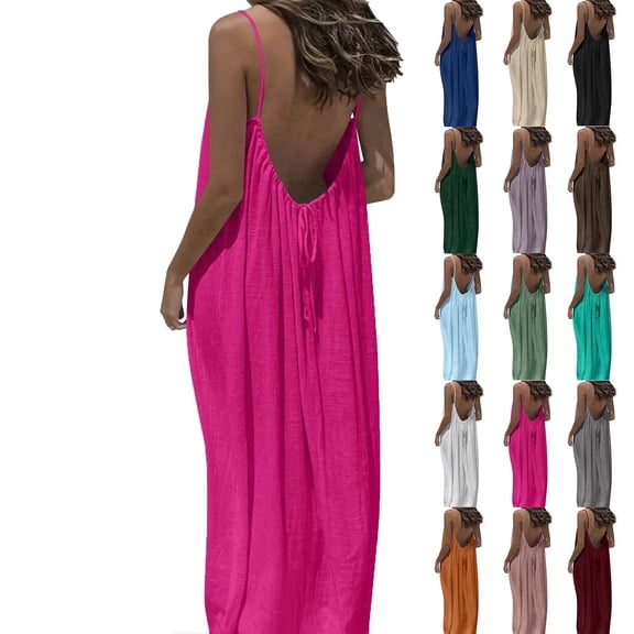 Elvqul Sleeveless Nightdress for Women Pull On Slip Dress Crewneck Plain Summer Spaghetti Strap Plus Size Womens Maxi Dress Backless