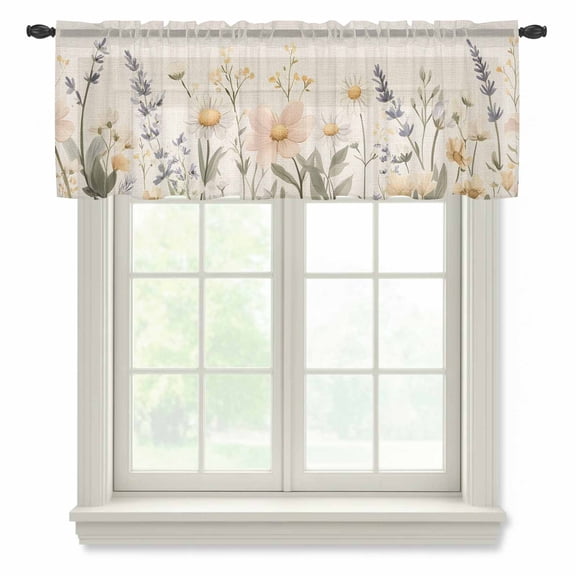 Daisy Botanical Sheer Curtains Valances for Windows Vintage Farmhouse Floral Chiffon Kitchen Valances for Cafe, Rod Pocket Voile Window Treatments Curtains for Living Room Bedroom, 42"x12"