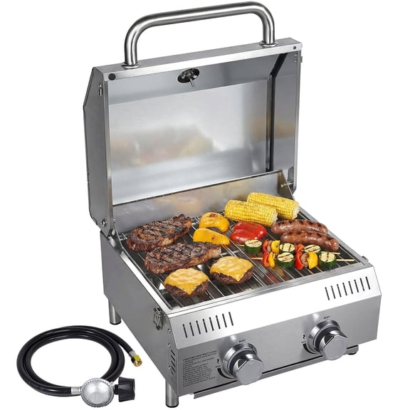 SIXDAY 2-Burner Tabletop Gas Grill, 20,000 BTU Portable Propane Grill with Stainless Steel Knobs & Heavy-Duty Grates