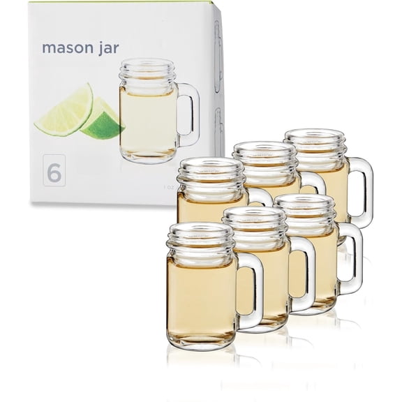 Mason Jar Shot glasses, Reusable Mini Mason Jar shaped shot glasses with Handles, Party shot cups, Set of 6, 1 oz.