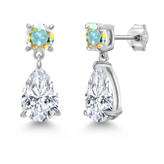 Gem Stone King 925 Sterling Silver White Moissanite and Mercury Mist Mystic Topaz Earrings for Women | 8.14 Cttw | Gemstone Birthstone | Pear Shape 12X8MM