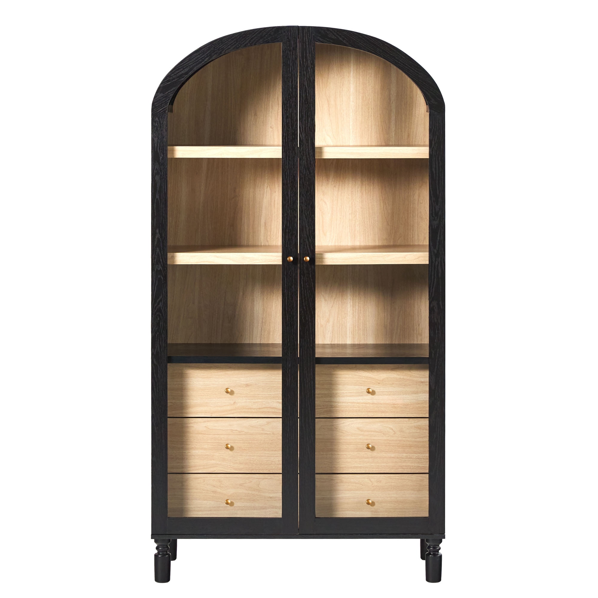 Walker Edison Modern Arched Bookshelf Tall Glass Door Cabinet with Inner Drawers, Black
