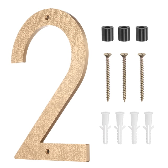 Números de casa Uxcell para exteriores, números de dirección de metal flotante de 10 pulgadas con kit de clavos para apartamentos, oficinas y habitaciones de hotel (dorado, número 2)
