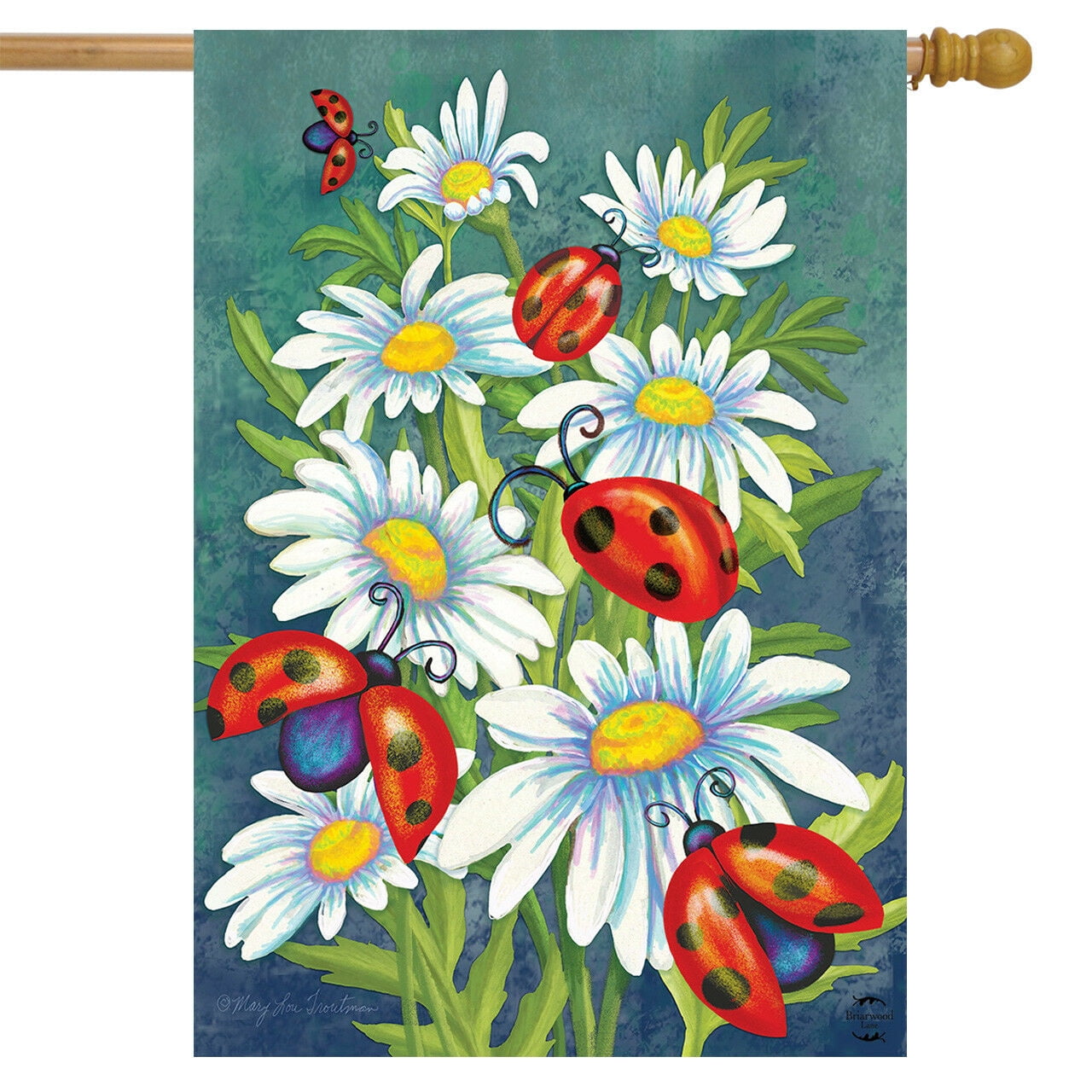 Ladybugs Spring House Flag Primitive Floral 28" x 40" Briarwood