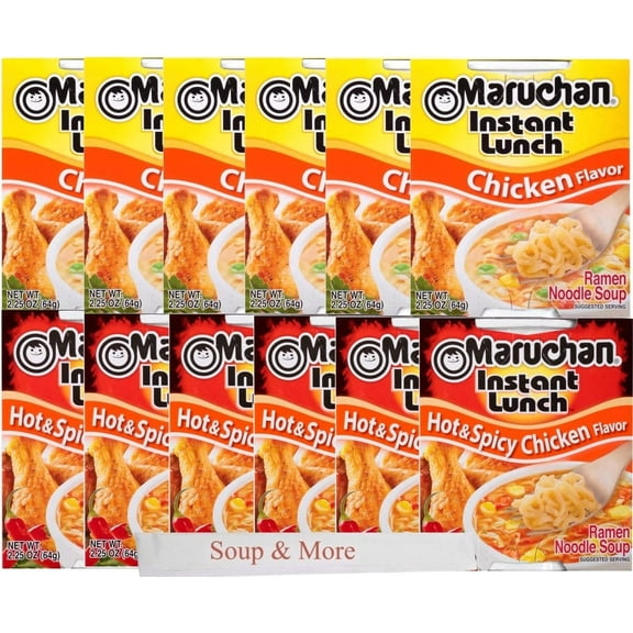 Maruchan Ramen Instant Cup Noodles 12 Count - 6 Chicken Flavor & 6 Hot & Spicy Chicken Flavor Lunch / Dinner Variety, 2 Flavors