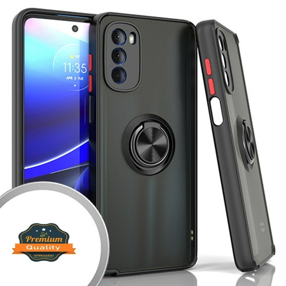 Xpression Cover for Motorola Moto G 5G 2022 Ring Stand Holder Kickstand Hybrid Frosted Matte Soft TPU Hard PC Frame Shock-Absorption Phone Case - Black