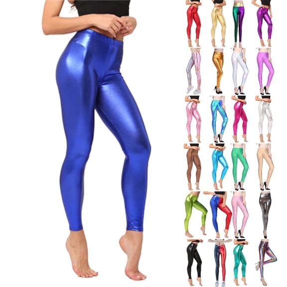 KDFJPTH Women Plus Size High Waist Shiny Metallic Leggings Stretch Workout Yoga Pants Disco Party Tights Black L