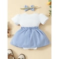 thumbnail image 3 of Baby Girls Summer Romper Dress Short Sleeve Crewneck Bear Embroidery Romper with Headband, 3 of 9