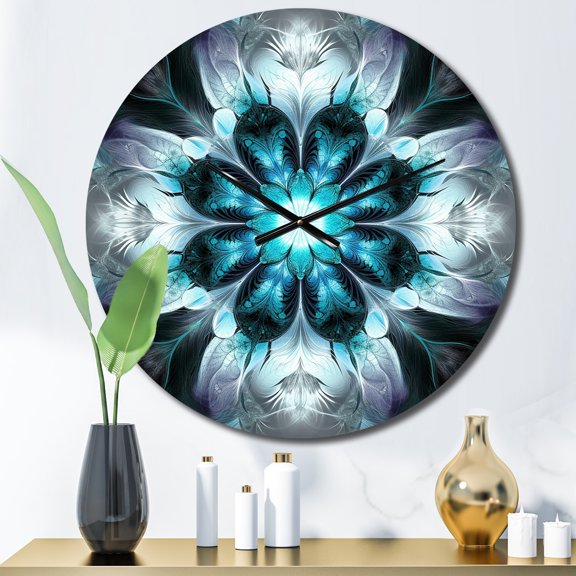 Designart "Fractal Flowers in Turquoise and White II" Modern Geometric Oversized Wall Clock