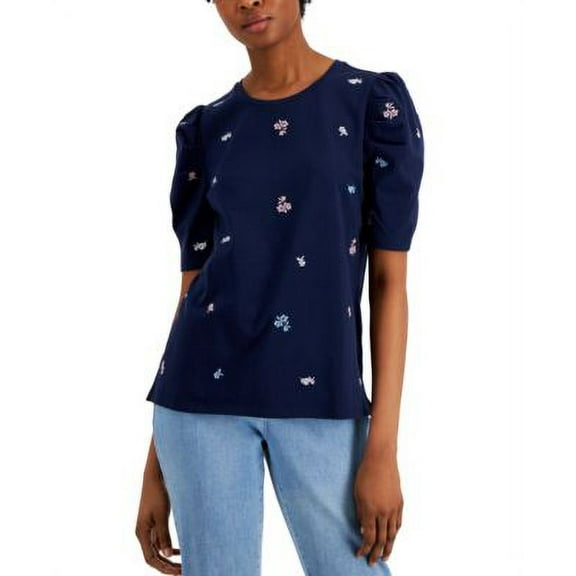 Charter Club Embroidered Puff Sleeve Top Intrepid Blue Combo XL