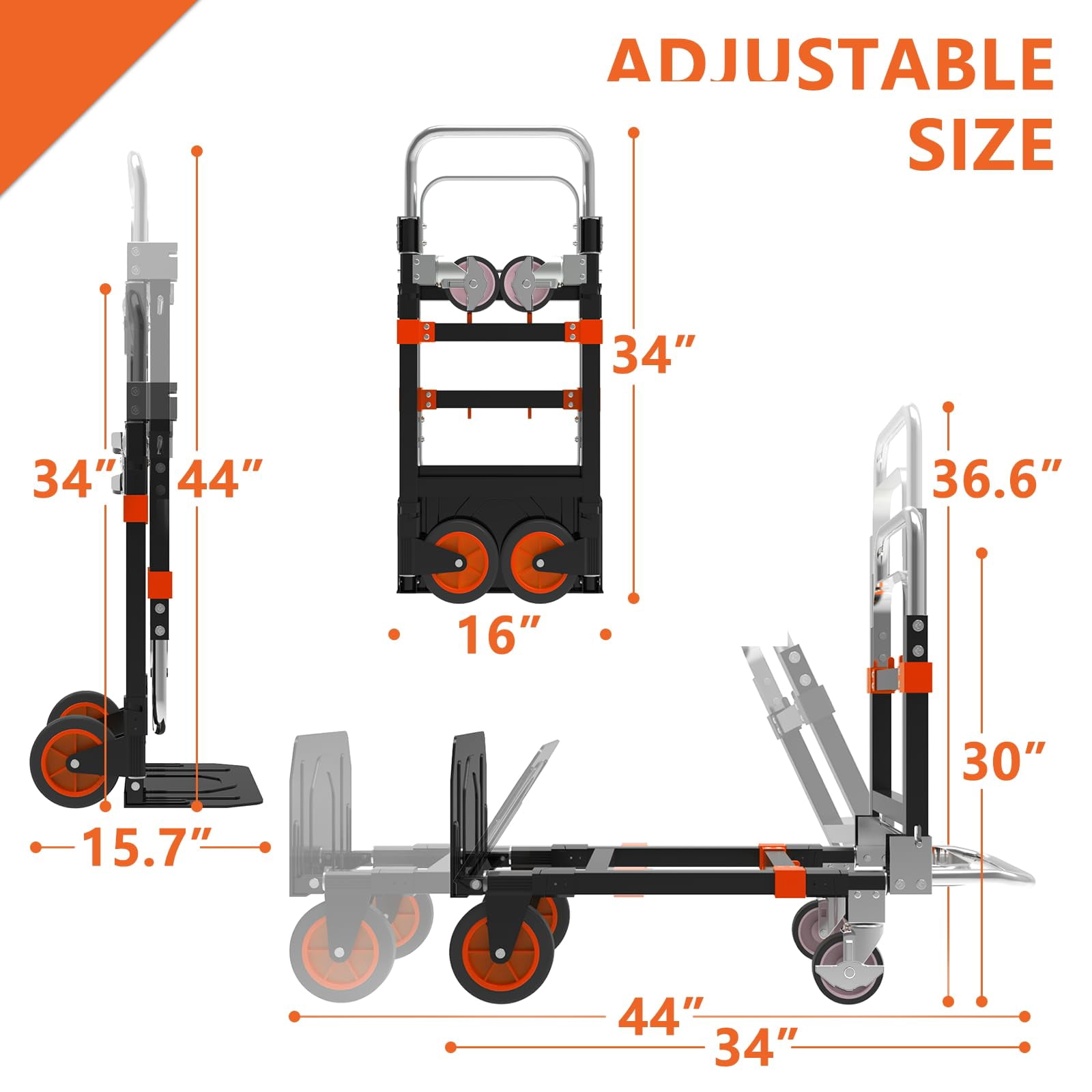 3-in-1 Heavy Duty Folding Dolly, Convertible Hand Truck Portable Steel with Telescopic Handle & Dolly Cart with Rubber Wheels, 580LB Capacity,Orange