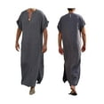 thumbnail image 2 of KOMOO KOMOO Men Ethnic Robe with Pocket Short Roll-up Sleeve Thobe Solid Color V-neck Kaftan Long Gown,Plus Size, 2 of 8