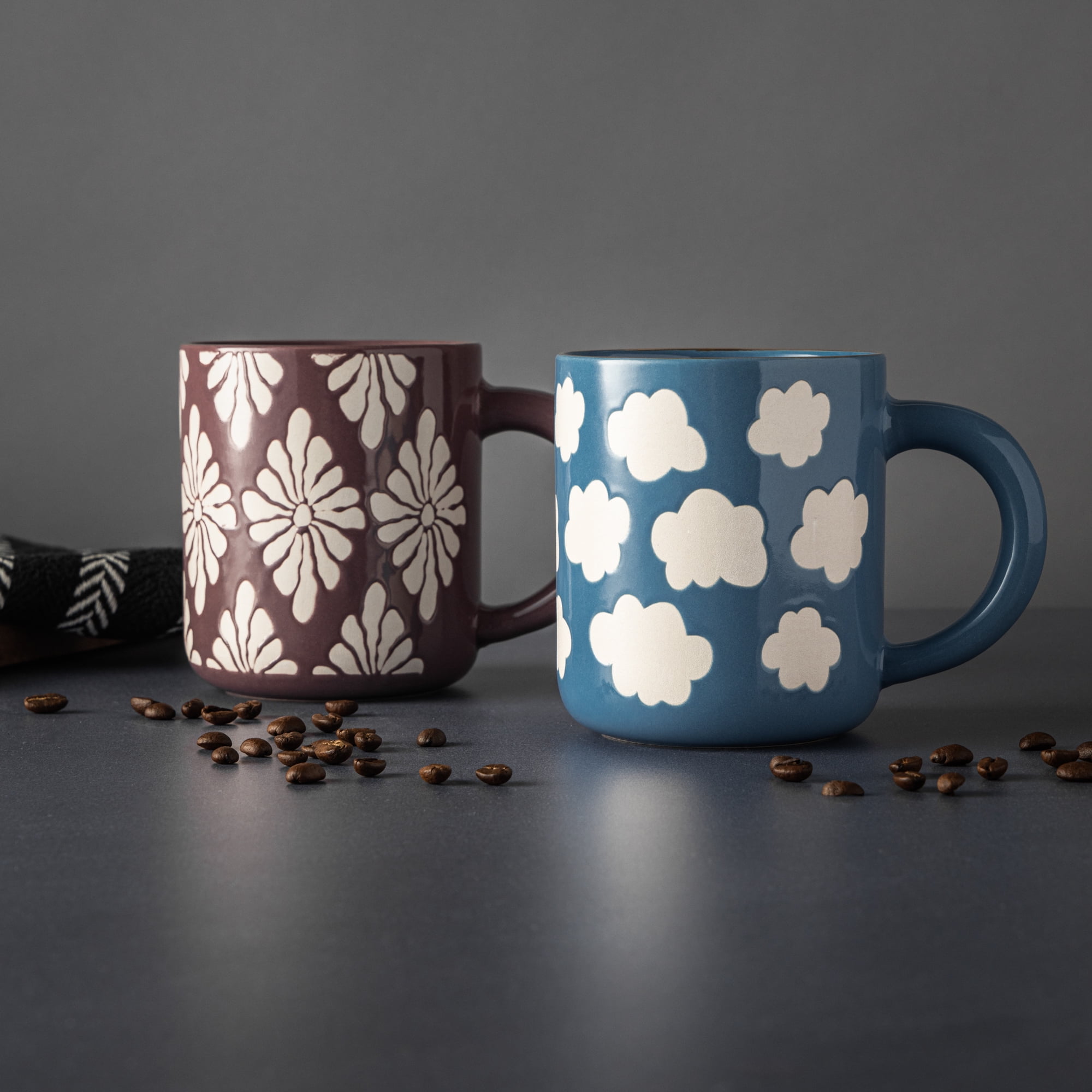 Thyme & Table 2 Pack Blue Skies with Clouds and Purple with White Flowers Mugs, with Gold Rims 19.6 fl oz, Stoneware