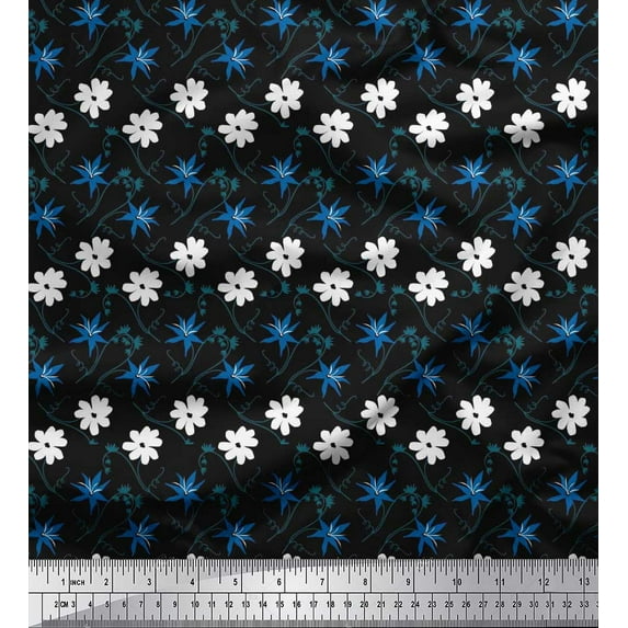 Soimoi Black Cotton Duck Fabric Swirl & Daisy Floral Print Sewing Fabric Yard 42 Inch Wide