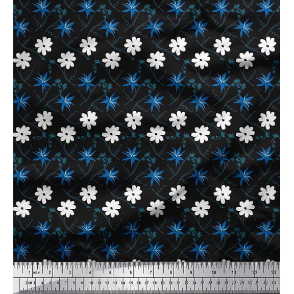 Soimoi Black Cotton Duck Fabric Swirl & Daisy Floral Print Sewing Fabric Yard 42 Inch Wide
