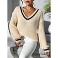 thumbnail image 5 of Women Teen Baggy Fashion Striped Long Sleeve Knit Tops Fall Winter Vneck Pullover Preppy Clothes  M, 5 of 6