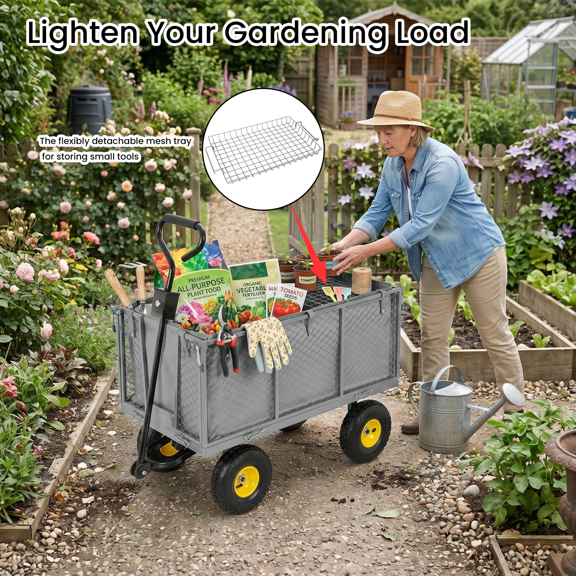 3 in 1 Oversized Steel Garden Cart, 880lbs Pullable Mesh Metal Garden Cart, All-Terrain Utility Cart with Removable Liner & Side Panels & Mesh Tray for Outdoor Lawn, Patio and Landscaping, Gray