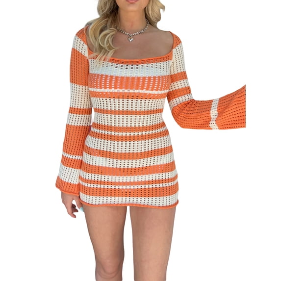 Biekopu Women's Summer Knit Slim Dress, Stripe Print Long Sleeve Crochet Eyelet Hollow Out Short Dress