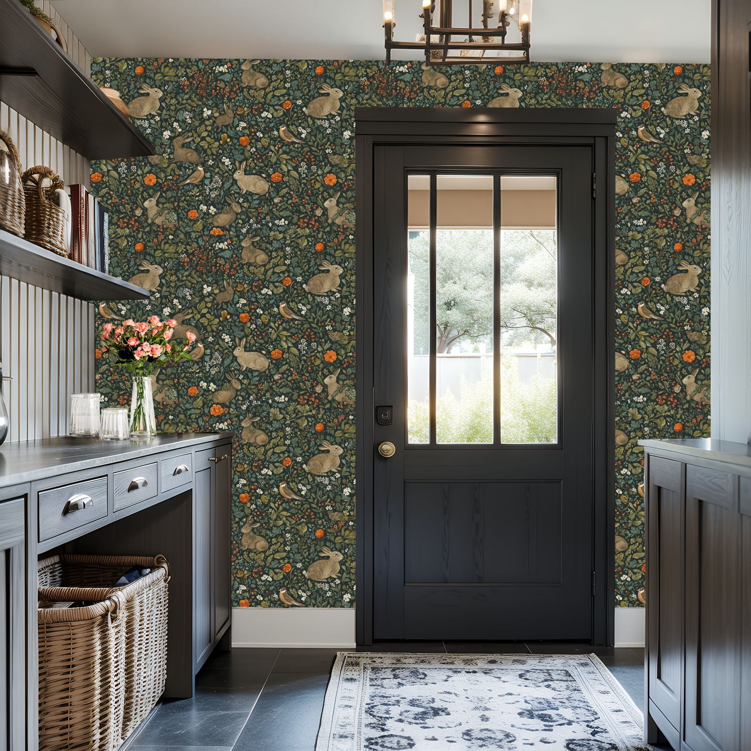 Hunt Peel and Stick Wallpaper 17.7in x 9.8ft Whimsical Floral Hares Birds Earthy Tones Contact Paper Vinyl Waterproof Self Adhesive Wall Paper for Bedroom Shelf Cabinet Renter Friendly