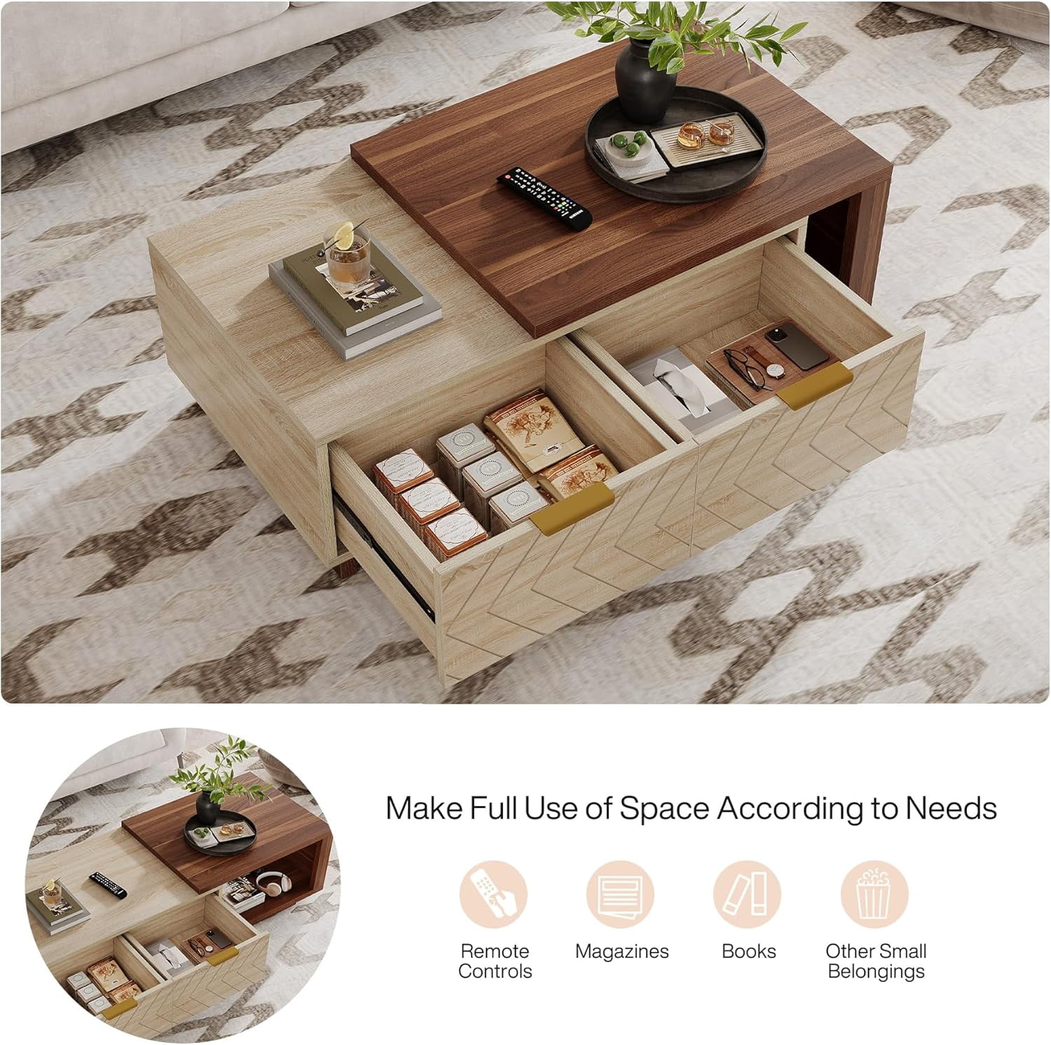 Tribesigns Extendable Coffee Table with 2 Storage Drawers, Dual-Tone Center Table with Sliding Tabletop, Multi-functional Hidden Storage Wooden Rectangle Cocktail Table for Living Room, Walnut & Oak