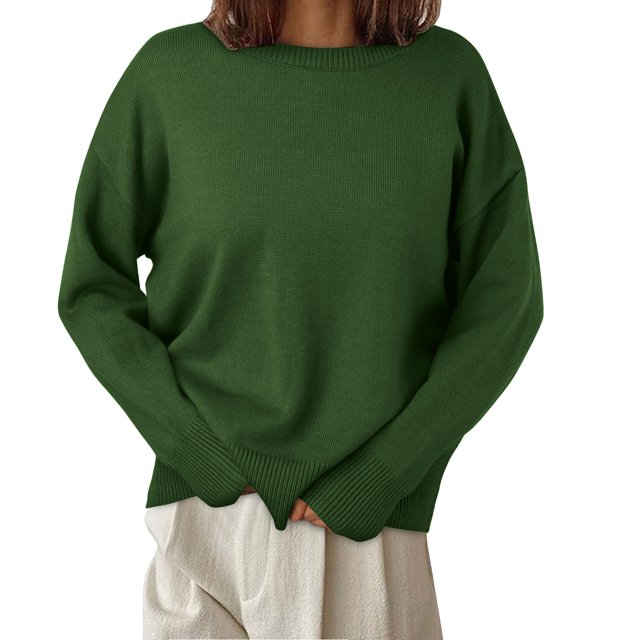 Gibobby Suéter mujer redondo de Color sólido Europa y América 2023 Otoño/Invierno suéter de punto de cuello redondo informal versátil(Verde,CH)