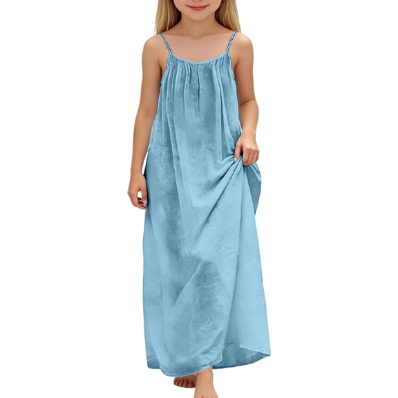 CCRFTGI Sleeveless Dresses for Children Girls Size 8 Cute Maxi Backless Lounge Dresses Summer Spaghetti Strap Loose Fit Flowy Vacation Dresses Light Blue 7-8 Years