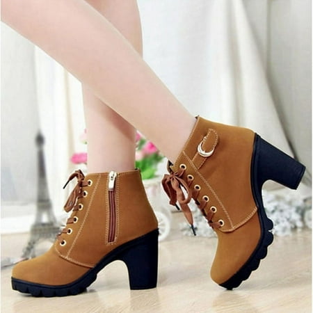 

XWQYRG Coarse heeled lace up round toe short tube Martin boots