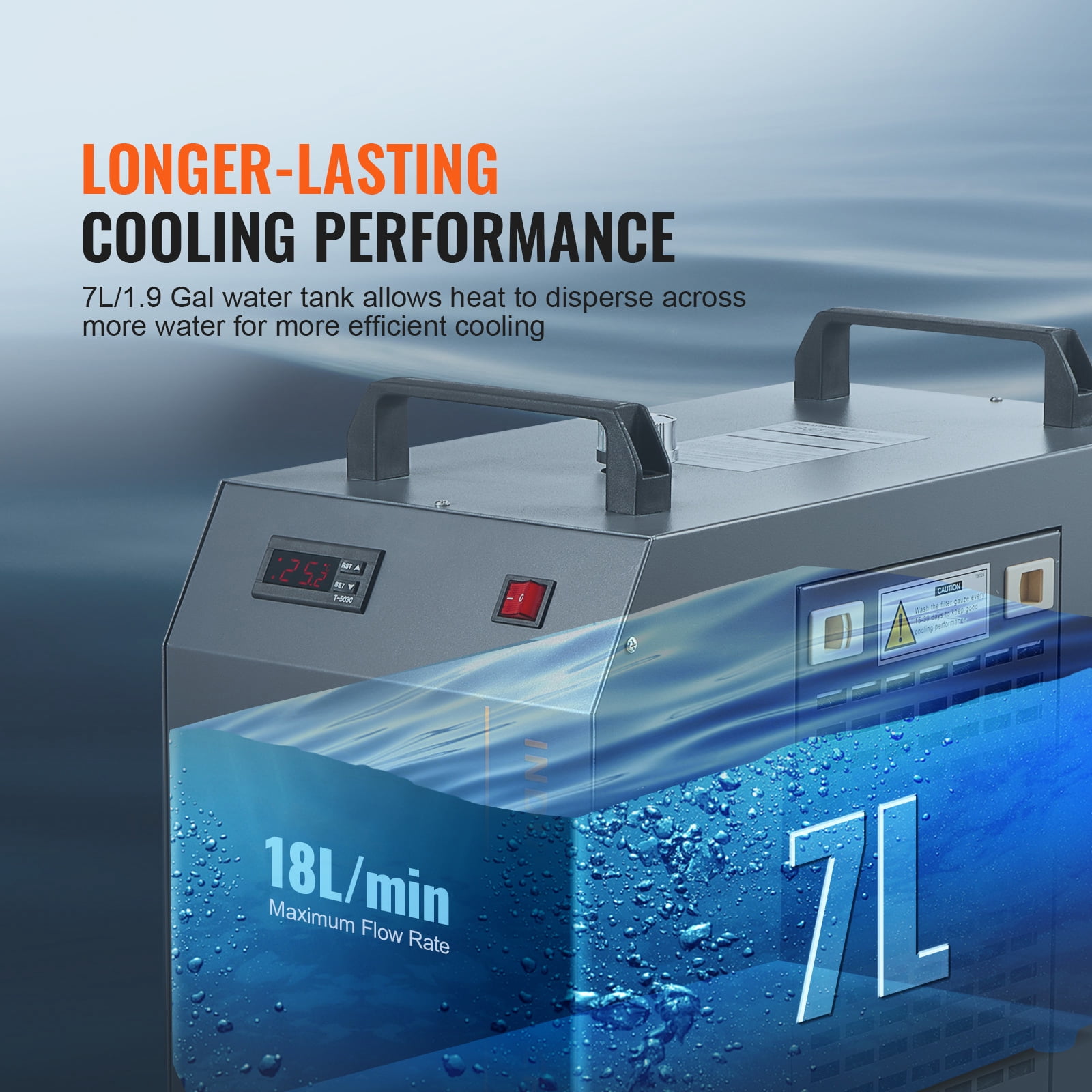 KFFKFF Commercial Water Chiller, CW-5202, Business Water Cooling System with Integrated Compressor, 7L Water Reservoir Capacity, Maximum Flow Rate of 18 L/min