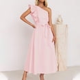 thumbnail image 2 of SMihono Women's Ruffle One Shoulder Dress Solid Color Bowknot Sash Tie High Waist A-Line Swing Party Dresses Pink 4, 2 of 6