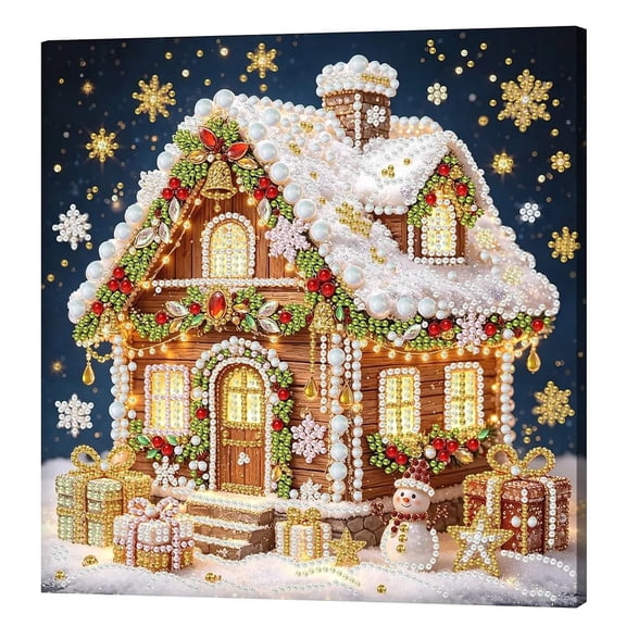Christmas Diamond Art, DIY Christmas Snowy Gingerbread Cottage Diamond Painting Kit, With Pearl Beads and Gem Art Supplies, Christmas Gingerbread Pearl Art Craft Kit for Home Decor, Craft Xmas Gifts