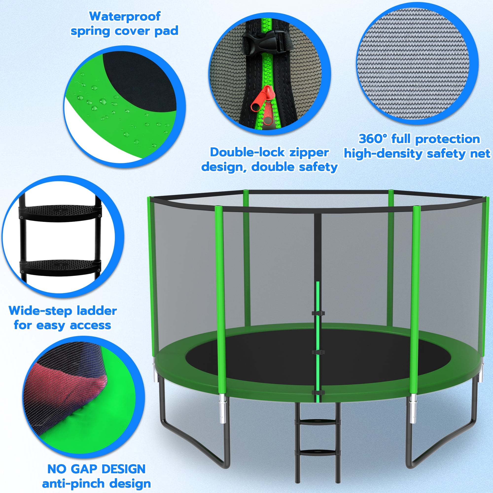 Cochan Trampoline, 10FT Trampoline for Kids and Adults with Enclosure Net, Heavy Duty Outdoor Trampoline with Lights and Sprinkler, 1000LBS Weight Capacity for 3-4 Kids, Easy Assembly
