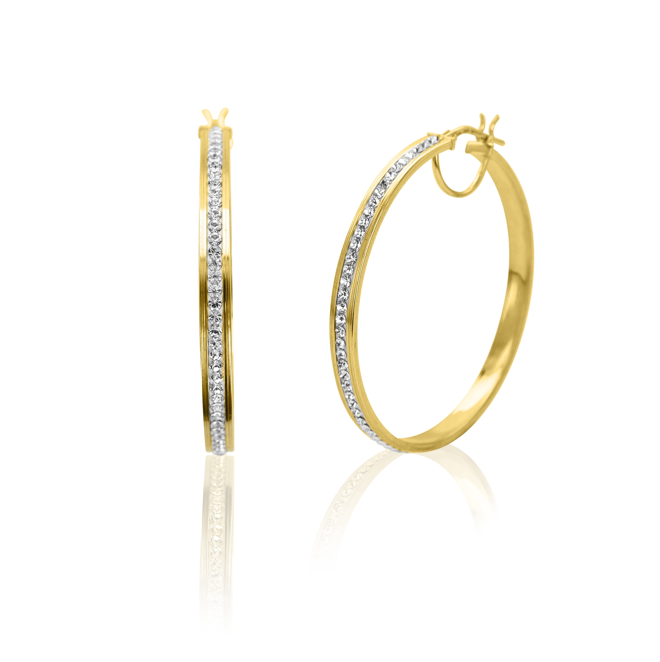 Brilliance Fine Jewelry 14K Gold Plated Sterling Silver Classic Crystal Round Hoop Adults Earring