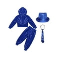 thumbnail image 4 of TiaoBug Kids Boy Girls Sparkly Hip Hop Jazz Street Dance Costume Long Sleeve Hooded Jacket Pants with Hat Necktie Set Blue 5-6, 4 of 5