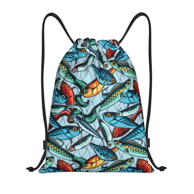 Saiise Colorful Fishing Baits Pattern Sports Drawstring Backpack - String Swim Gym Bag with Wet Proof Pocket for Women&Men-Small