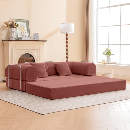 COOLHUT 78.7" W Combination Sofa, High Rebound Density Foam Sofa Couch, Two Forms Floor Couch Three Seats Sofa Bed for Living Room, Bedroom, Dark Pink