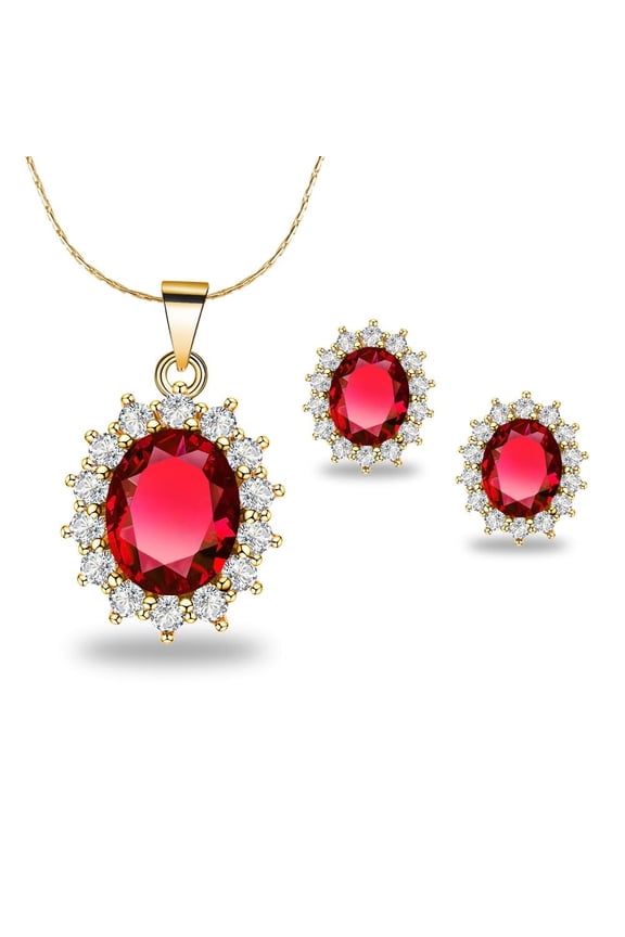 18K Yellow Gold 4 Ct Oval Created Garnet Necklace, 18 in plated